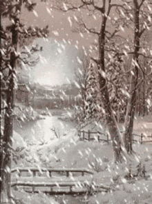 a painting of a snowy forest with trees covered in snow and a river in the background .