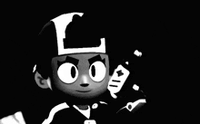 a black and white cartoon character with the letter l on his helmet .