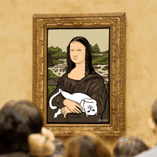 a framed painting of a woman holding a white cat with the name ryu on the bottom