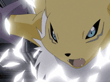 a close up of a cartoon character with blue eyes and white fur