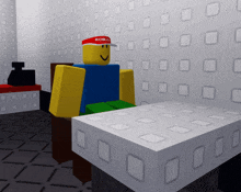 a roblox character wearing a red hat that says robo on it