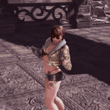 a woman in a bikini and shorts is standing on a tiled floor