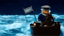 a cartoon duck is driving a boat with a flag that says squid on it