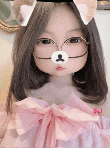 a girl wearing glasses and a teddy bear nose