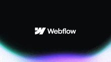 the webflow logo is displayed on a black background with a purple and green gradient .