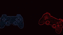 two video game controllers , one blue and one red , are drawing on a black background .