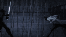 a man in a cape is fighting another man with a sword in a dark room