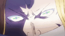 a close up of a person 's face with a purple background and green eyes