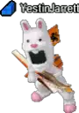 a stuffed animal in a bunny costume is holding a bat and a sword .