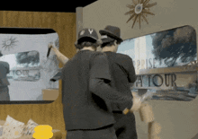 two men standing in front of a sign that says prise