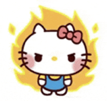 hello kitty is standing in front of a fire and has a bow on her head .