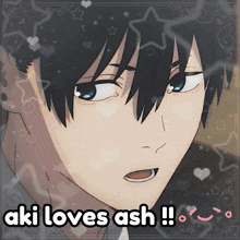 a picture of a boy with the words aki loves ash written on it