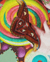 a person is holding a butterfly on top of a colorful puzzle