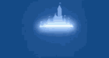 a blue background with a white castle in the middle of it .
