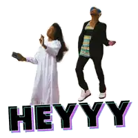 a man and a woman are dancing with the word heyyy in the background