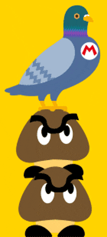 a pigeon is sitting on top of two goombas