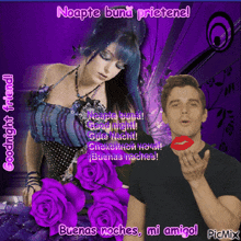 a picture of a man blowing a kiss next to a woman with blue hair and purple roses
