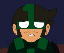 a cartoon character wearing a green mask with the number one on it