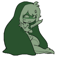 a cartoon drawing of a girl holding a knife with the letter g on her head