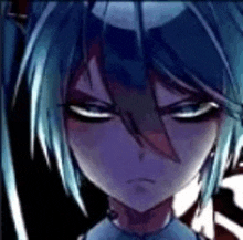 a close up of a person 's face with a purple haired anime character .