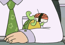 a cartoon turtle is sitting on a man 's arm with a piece of sushi on its back .