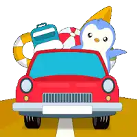 a penguin is sitting in the back of a red car with luggage and a surfboard