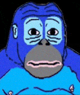 a cartoon of a blue gorilla with a sad face on a black background .