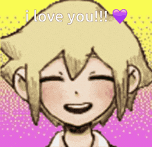 a cartoon character with a purple heart and the words " i love you " on top