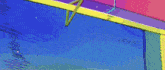 a colorful painting of a bridge with a purple and yellow border