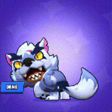 a cartoon wolf is laying down with a purple background and a blue button that says dene .