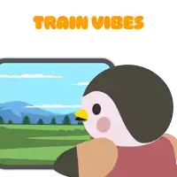 an illustration of a penguin looking out of a window with the words train vibes above it