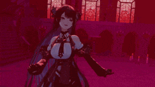 a girl with long black hair is standing in a dark room