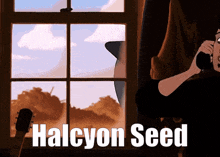 a cartoon of a woman talking on a phone with the words halcyon seed written below her