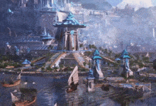 a painting of a futuristic city with boats in the water and mountains in the background