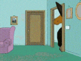 a cartoon of a donkey sticking its head out of a door in a living room