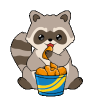 a cartoon of a raccoon eating chicken nuggets from a bucket
