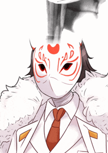 a drawing of a person wearing a white mask with red eyes and a heart on it
