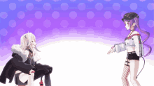 two anime girls are standing next to each other on a purple and white background