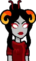 a pixel art drawing of a girl with horns wearing a red shirt that says ' ram ' on it