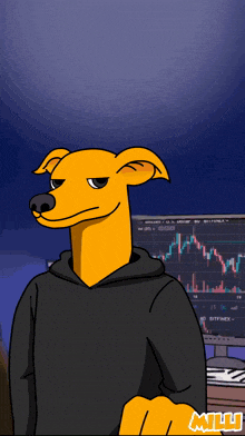 a cartoon of a dog wearing a black hoodie with the word milli on the bottom right