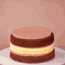 a cake is stacked on top of each other on a white plate ..