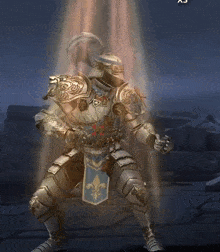 a knight in armor is standing in front of a light coming from behind him
