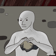 a cartoon of a man holding a rock with the website npc.com below