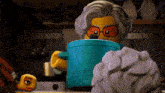 a lego character is cooking in a pot