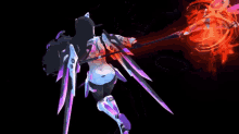 a cartoon character is flying through the air in a purple and pink circle .