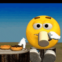 a cartoon smiley face is sitting on a tree stump drinking a cup of coffee and eating a donut .