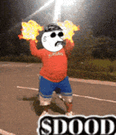 a cartoon character is holding flames in his hands with the word sdood below him