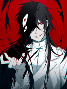 a drawing of a man with long black hair and a red background