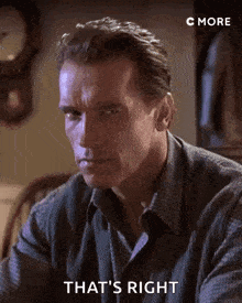 arnold schwarzenegger is sitting at a table with a clock in the background and saying `` that 's right '' .