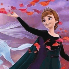 a cartoon of anna from frozen ii standing next to a white horse .